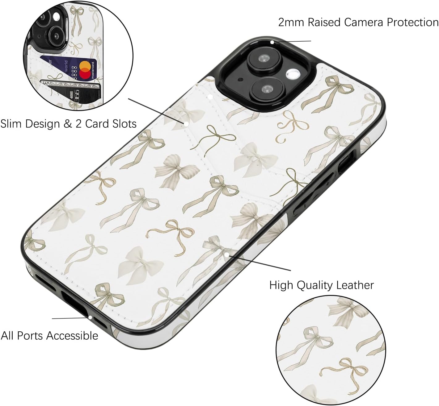 Compatible with iPhone 13/14/15 6.1 inch Case with Card Holder Soft Cute Leather Wallet Case Protective Shockproof Hard Cover for Women Girls (Pastel Ribbon Bow)